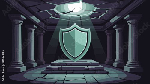 A stylized vector illustration shows a luminous shield in a dark, ancient temple interior