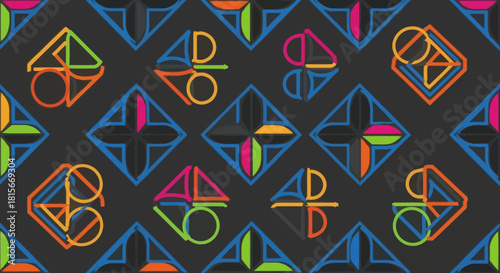 Colorful geometric pattern with interconnected shapes on dark
