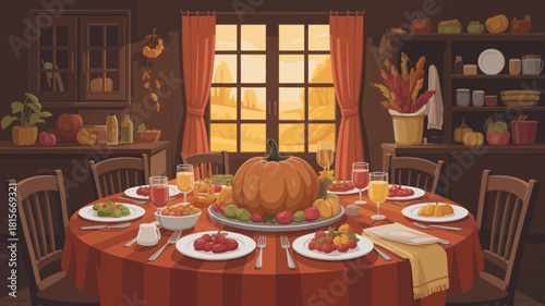 A cozy autumn dining room scene features a festive table laden with a pumpkin and harvest food.