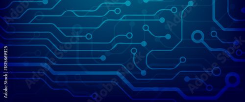 Technology connected blue lines with electronics elements on tech bg. Abstract AI circuit board background. Digital vector illustration. Computer motherboard with a chip, processor, and semiconductor.