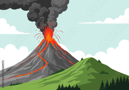 Dramatic illustration of a powerful volcano erupting with hot lava flows and a large dark smoke cloud in a green landscape.