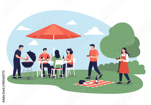 Friends and family gathered for an outdoor summer barbecue party with people cooking grilling and eating together in a park.