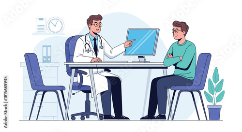 Male doctor in a white coat consulting with a young male patient, pointing to a computer screen in a modern clinic office setting.