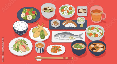 Flat lay illustration of a traditional Japanese meal set, or teishoku, with grilled fish, rice, miso soup, salad, and side dishes.