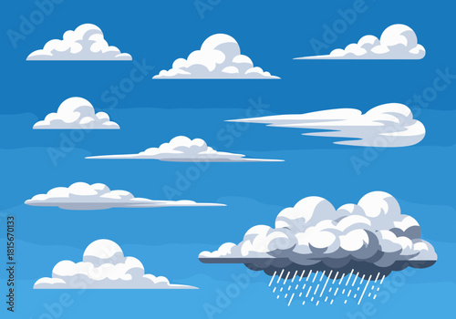 Collection of various white and gray cartoon clouds in a blue sky including a dark cloud with falling rain illustration.