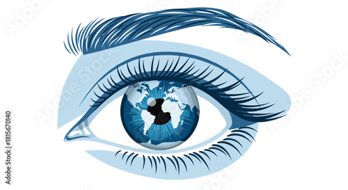 Creative concept illustration of a blue eye with the world map reflected in the pupil, symbolizing a global vision or perspective.