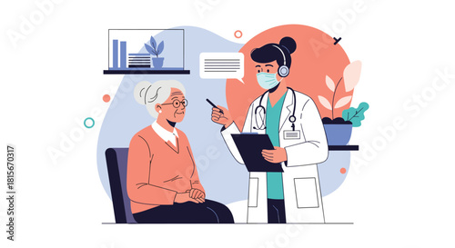 Female doctor wearing a mask and headset conducting a telehealth consultation with a senior woman, explaining medical information.