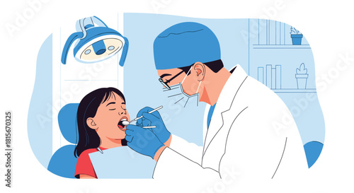 Male dentist in a white coat, mask, and cap carefully examining a young girl's open mouth with dental tools in a bright clinic.