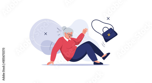 Elderly woman with glasses falling down in a slip accident, looking shocked as her handbag flies into the air, a safety concept.