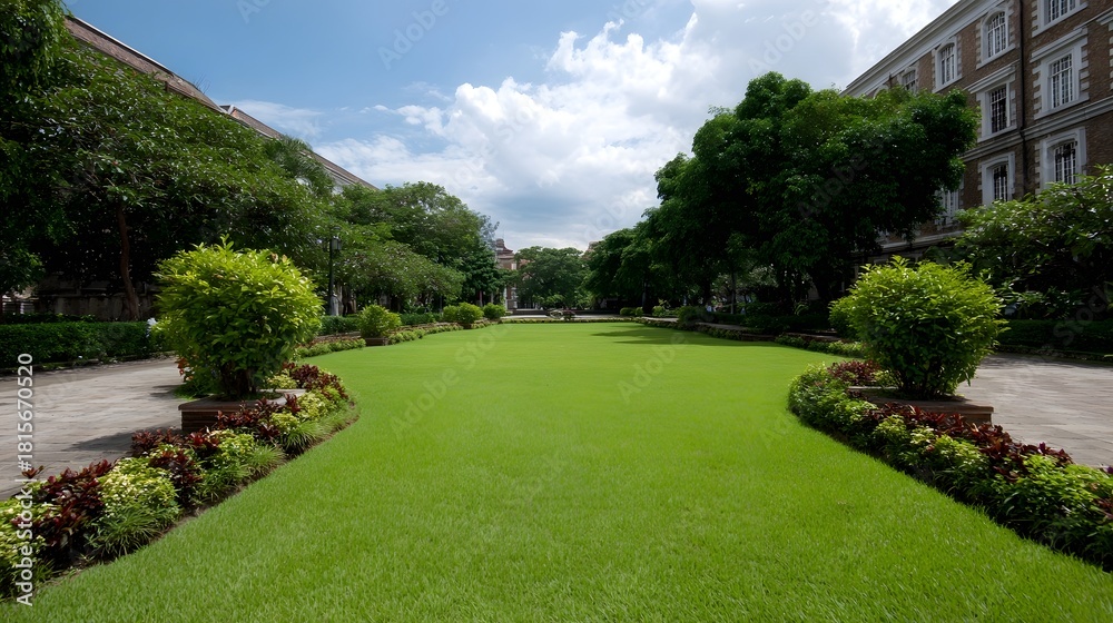 Fototapeta premium A bright green lawn in a university quad surrounded by trees and historic buildings