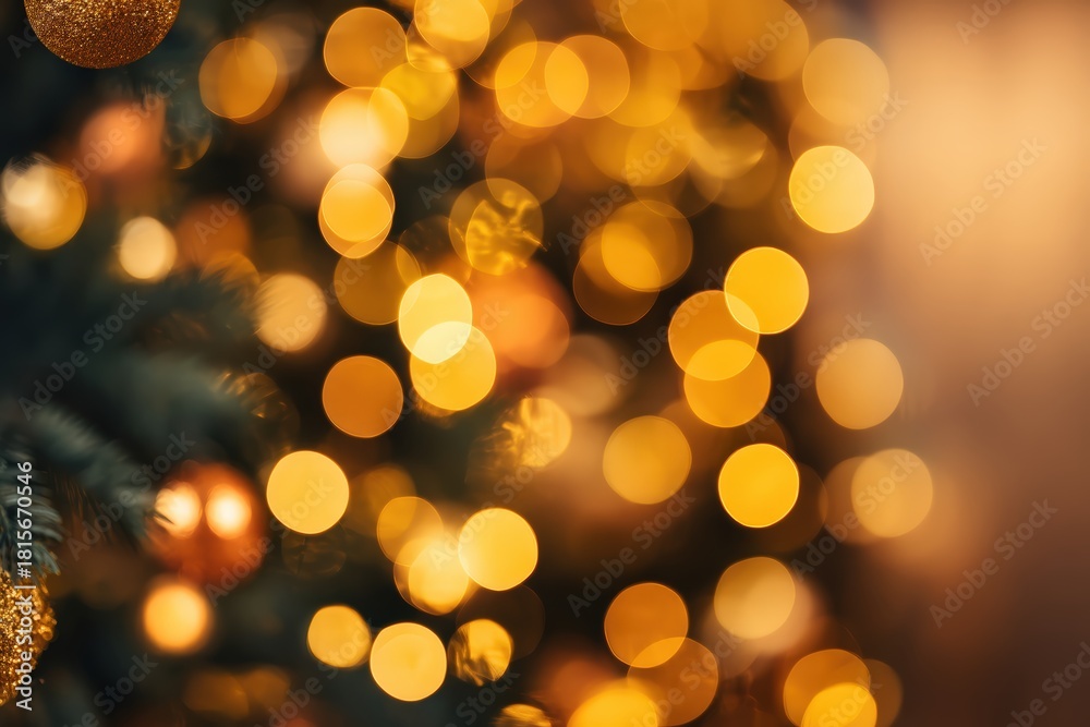 Fototapeta premium Golden Christmas bokeh lights creating a festive, sparkling background with shimmering warm tones and soft glowing circles and copy space