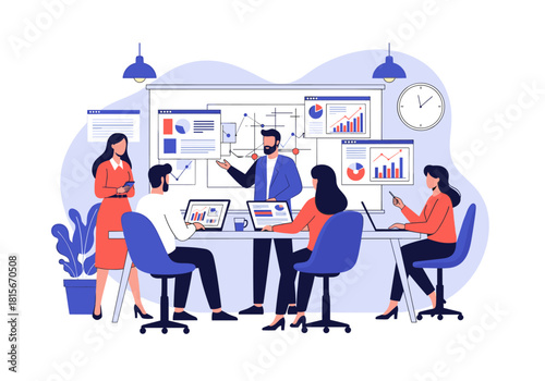 A business leader presents a new strategy with data charts and analytics to their team during a corporate meeting in the office.