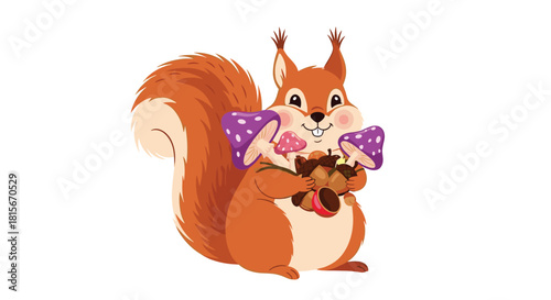 Adorable cartoon squirrel with chubby cheeks holding a collection of acorns and colorful mushrooms, isolated on a white background.