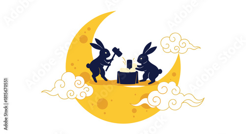 Japanese Mid-Autumn Festival illustration with two rabbit silhouettes pounding mochi on a yellow crescent moon among clouds and stars.