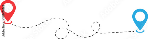 Two location pins connected by a dashed line path