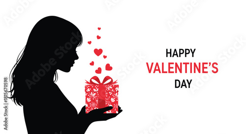 Happy Valentine's Day greeting card design with the silhouette of a woman holding a red gift box with floating hearts on white.