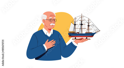 Elderly man with a mustache and glasses holding a detailed model of a sailing ship, representing hobbies, retirement, and memories.