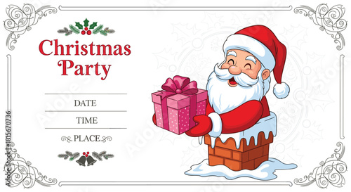Christmas party invitation template with a cheerful Santa Claus holding a gift in a chimney, with space for date, time, and place.