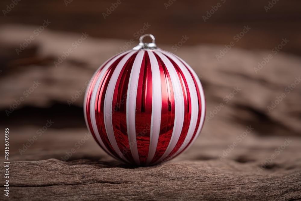Fototapeta premium Festive red and white striped Christmas bauble on a rustic wooden surface, creating a holiday atmosphere with copy space