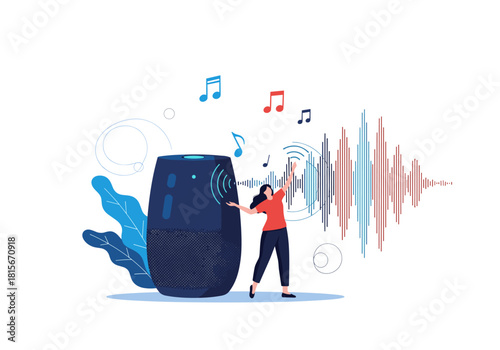 A woman joyfully listens to music from a smart speaker with colorful sound waves and musical notes illustrating audio technology.