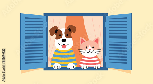 A cute dog and cat wearing striped shirts looking out from an open window with blue shutters against a warm yellow background.