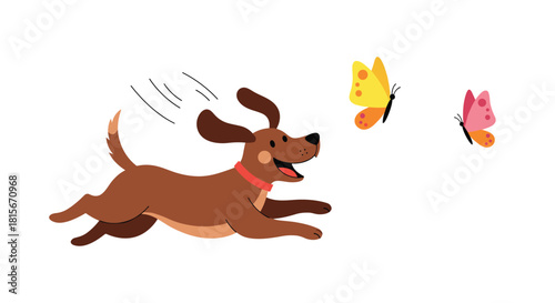 Playful brown dog with floppy ears happily running and chasing two colorful butterflies, isolated on a clean white background.