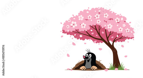 Cute cartoon mole peeking out of its hole under a beautiful blooming pink cherry blossom tree, with petals falling around it.