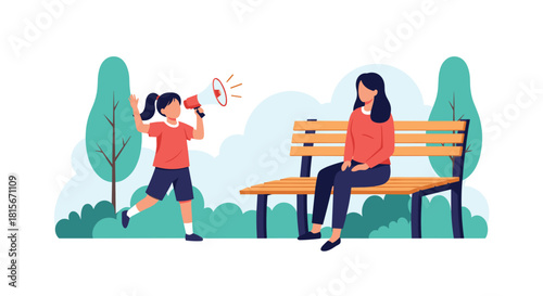 A young girl shouts through a megaphone at her mother, who is sitting calmly on a park bench, illustrating communication or protest.