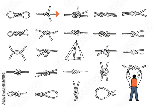 A large collection of various nautical rope knots and hitches shown in a clear instructional line art vector illustration set.