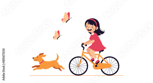 Happy young girl in a red dress riding a bicycle, accompanied by her joyful dog running alongside and two butterflies fluttering nearby.