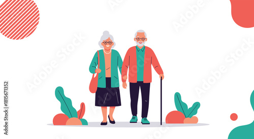 Happy and healthy senior couple holding hands while walking, with the man using a cane, depicted in a modern flat illustration style.