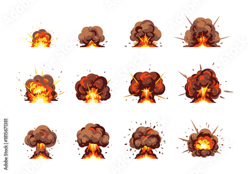 A fiery cartoon explosion animation sequence with twelve frames showing a blast with fire and smoke for game or comic design.