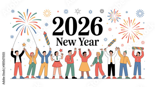 New Year 2026 Celebration: A lively scene unfolds as people joyfully celebrate the arrival of 2026, setting off vibrant fireworks.