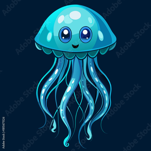 Happy cartoon dolphin swims near a treasure chest underwater with seaweed and bubbles