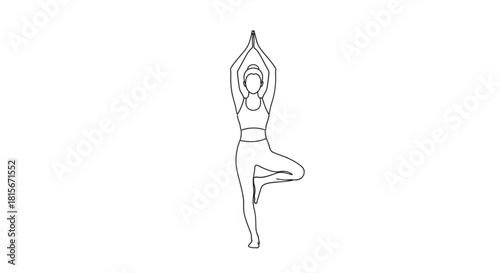 Outline drawing of a woman in a yoga tree pose, symbolizing balance, tranquility, and wellbeing, isolated on white