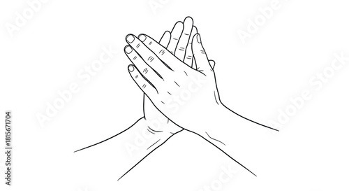 Simple black and white line drawing of two hands clapping together in applause or prayer, isolated on a white background.