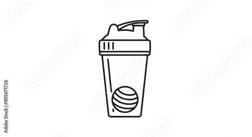 Line art illustration of a protein shaker bottle with a mixing ball, essential for fitness, gym, and workout, isolated on