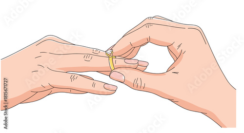Close-up illustration of a person's hand placing a diamond engagement ring onto another person's finger, symbolizing marriage or proposal.