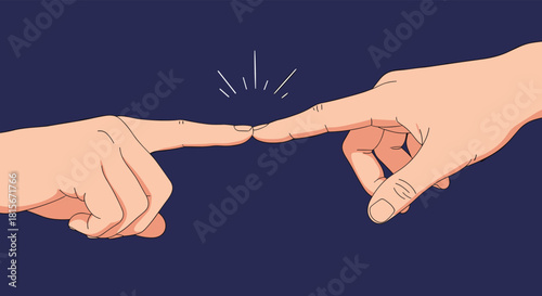 Two hands with index fingers touching, creating a spark, symbolizing connection, creation, technology, or a magical moment on dark blue.