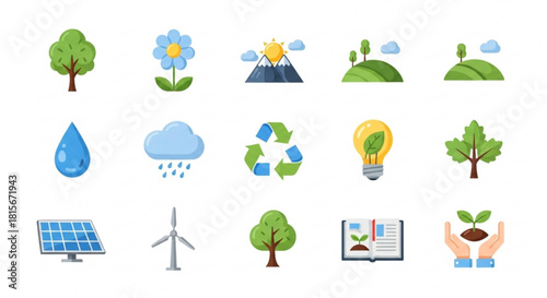 Flat design icons representing environment, nature, and renewable energy, isolated on