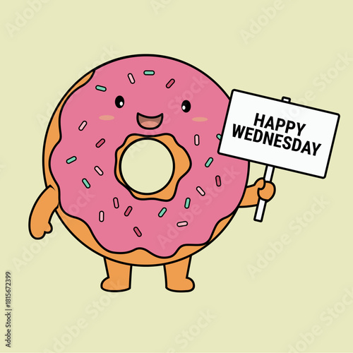 Donut holding sign happy wednesday for social media posts, advertising, greeting cards, newsletters, and digital content targeting midweek positivity.