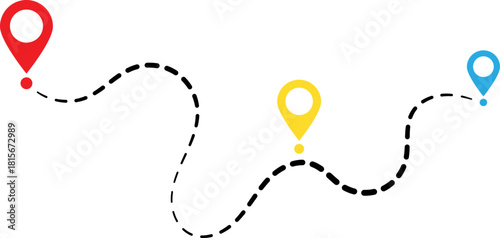 Colorful map pins connected by a dashed line route