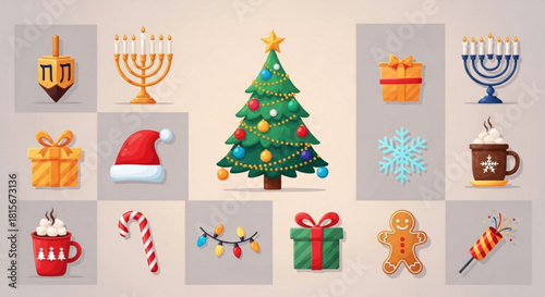 Holiday icons with christmas and hanukkah symbols tree, menorah, dreidel, gifts, santa hat, winter treat