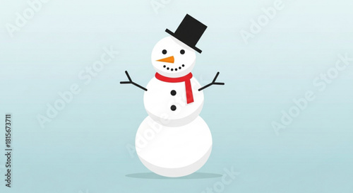 A cheerful snowman wearing a black top hat and a red scarf stands against a soft blue background, embodying the joy of winter holidays
