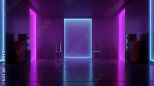 Interior space illuminated by vibrant neon light frames featuring audio equipment displays