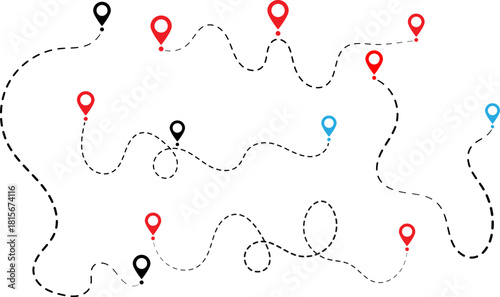 Dotted lines connecting location pins on a white background