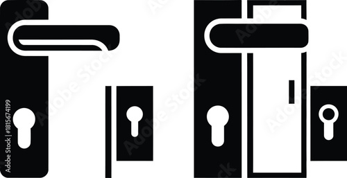 Door handle black silhouette vector icon set, featuring modern lock mechanism and keyhole for security, home, office, and architectural design elements.