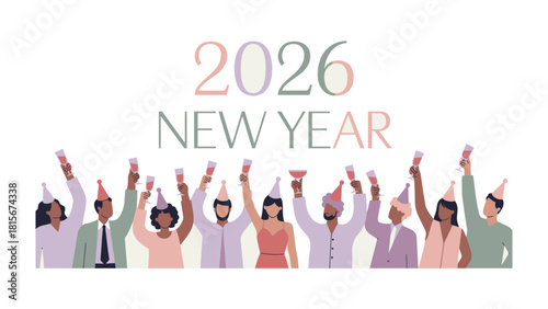 New Year's Eve 2026 Celebration: A vibrant and diverse group raises celebratory drinks in a joyful toast to welcome the New Year of 2026. This dynamic image embodies unity, optimism, and anticipation.