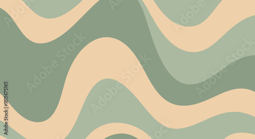 Abstract flowing curves and waves in a soothing, muted color palette of sage green and light beige, creating a modern and tranquil background design