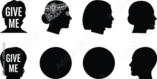 Black silhouette profiles, human heads, decorative headscarf, GIVE ME text, hairstyle variety, minimal design, identity concept, symbolic art, character icons